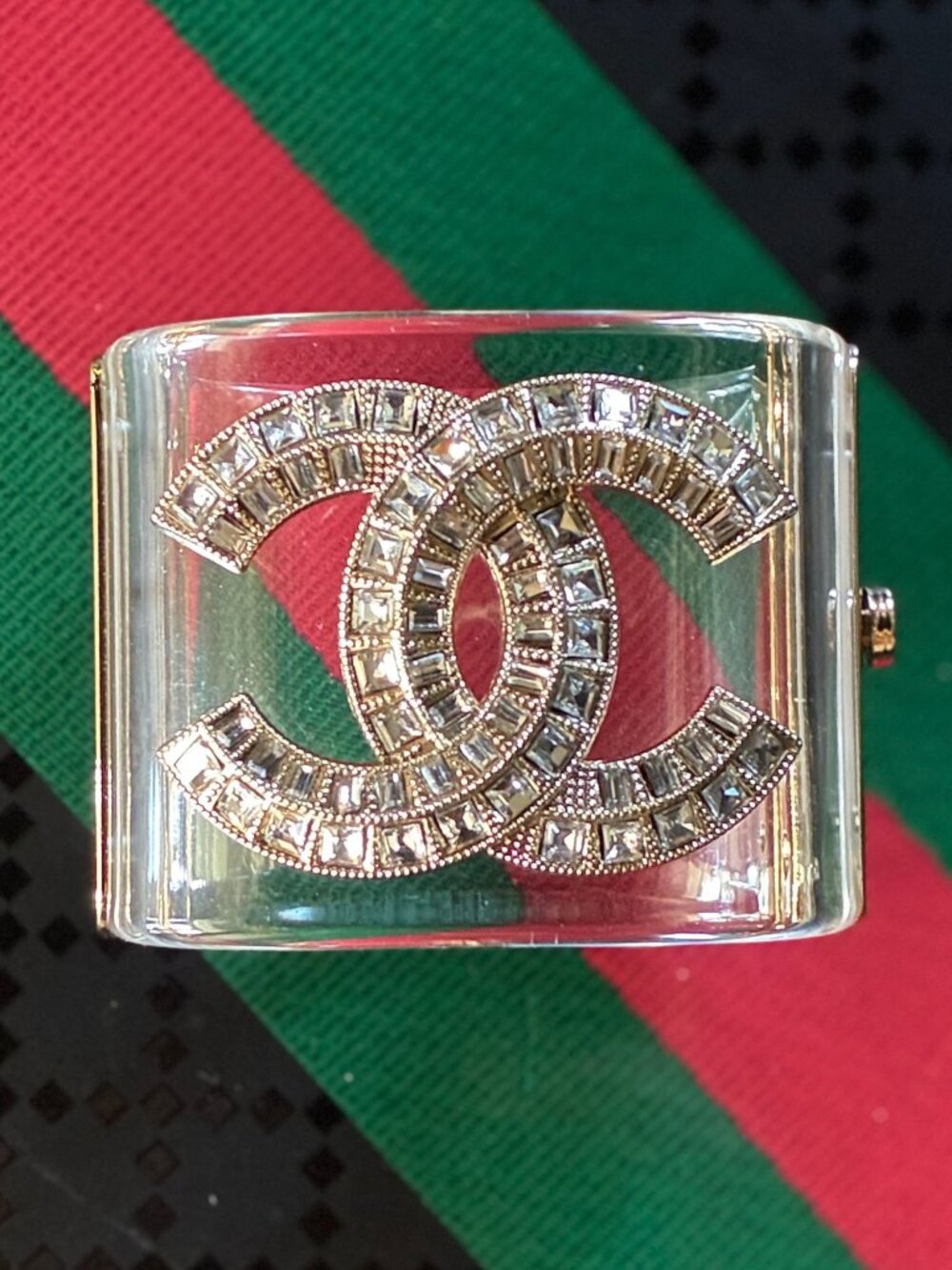 Vintage Chanel Clear Lucite Crystal CC Cuff Bracelet Signed w/ Box
